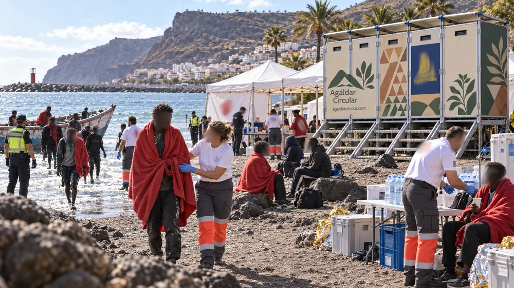 Recreación de un dispositivo de asistencia en una playa canaria, con un bloque de cabinas de baño seco instalado junto al puesto sanitario